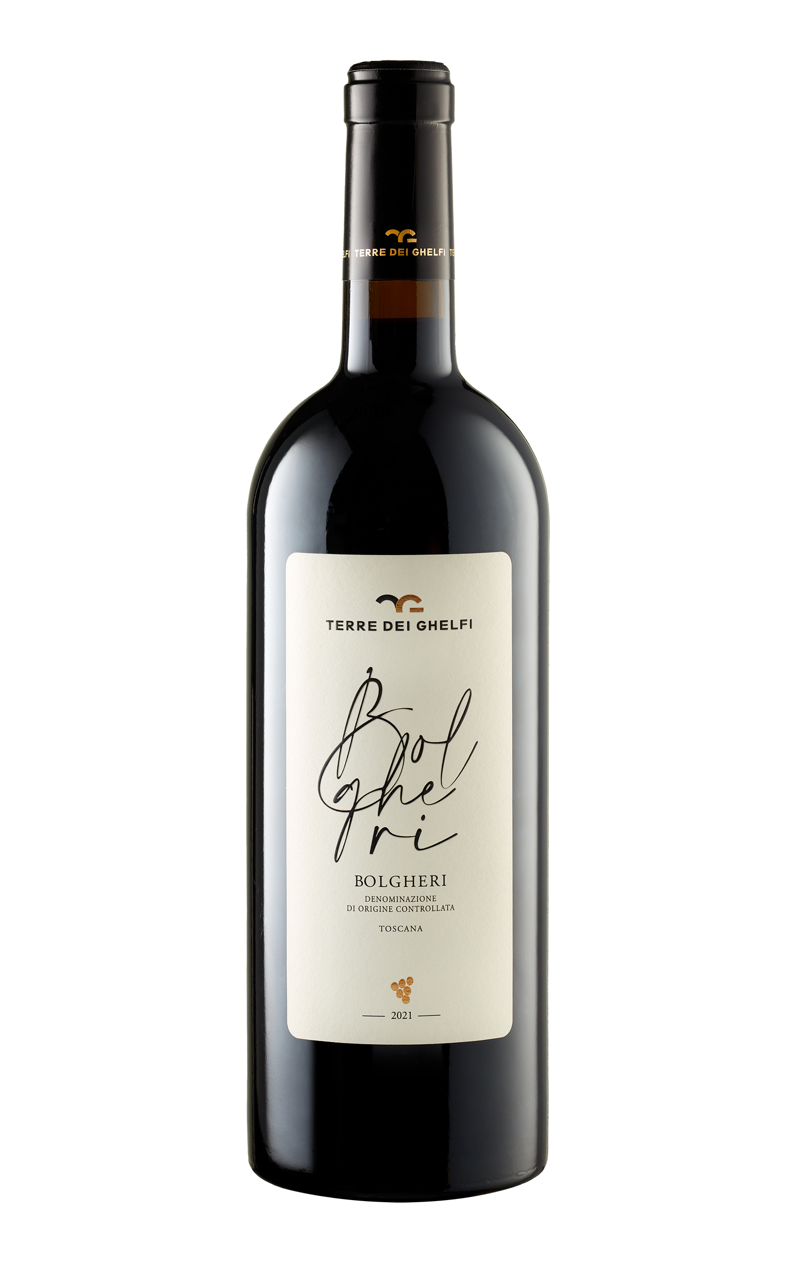 Vino Bolgheri Rosso DOC dell'agriturismo in Toscana a Terre dei Ghelfi: packaging della bottiglia su sfondo bianco