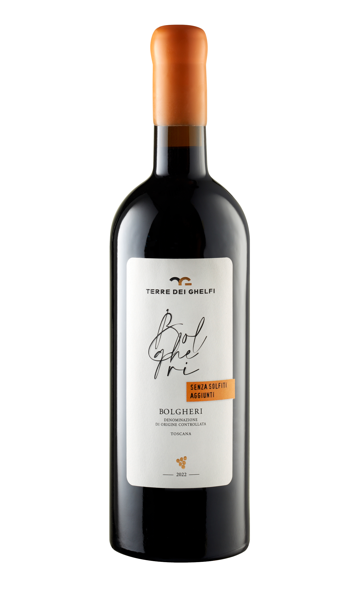 Bolgheri rosso DOC senza solfiti aggiunti 2022 dell'agriturismo biologico toscano Terre dei Ghelfi: packaging della bottiglia su sfondo bianco