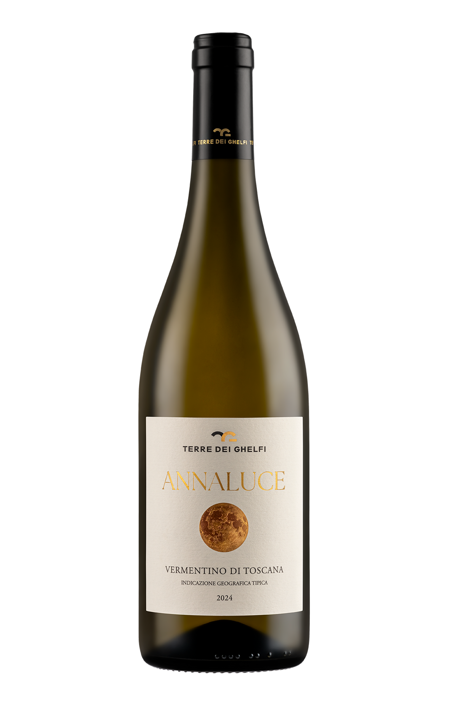 Annaluce Vermentino di Toscana 2023 dell'agriturismo biologico Terre dei Ghelfi: packaging della bottiglia su sfondo bianco