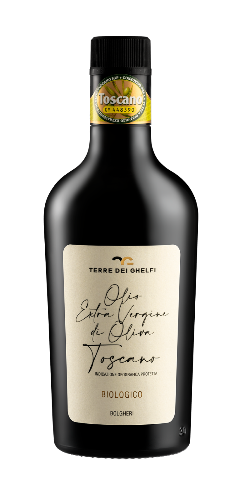 Olio Extra Vergine di Oliva Toscano Biologico IGP dell'agriturismo Terre dei Ghelfi: packaging della bottiglia su sfondo bianco